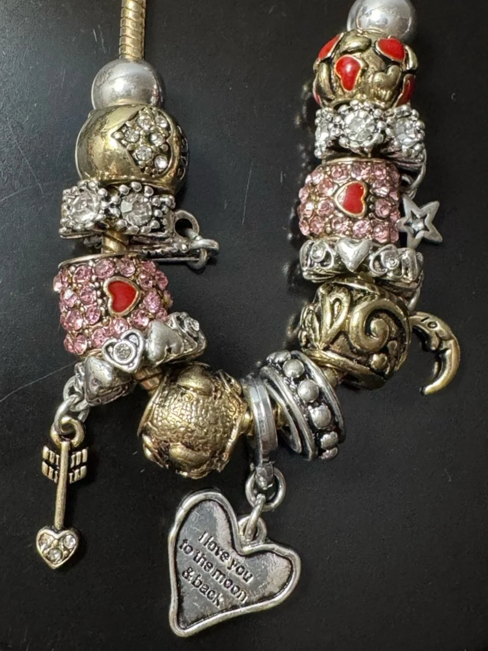 Whimsical Charm Bracelet Gold Tone Pink Rhinestones Hearts Girlhood Charm Chaos